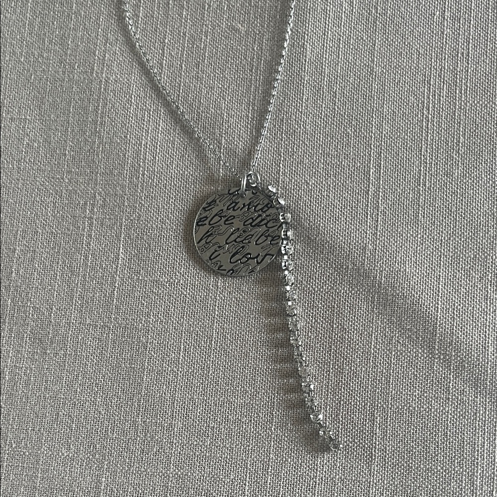 CAbi Silver Script Disc Necklace with Rhinestone Drop